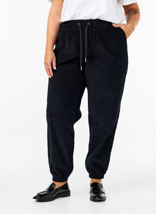 Zizzi Corduroy broek met een elastische tailleband, Black, Model image number 2