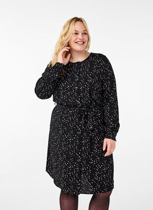 Zizzi Jurk met lange mouwen en trekkoord, Black w. Dot AOP, Model image number 0