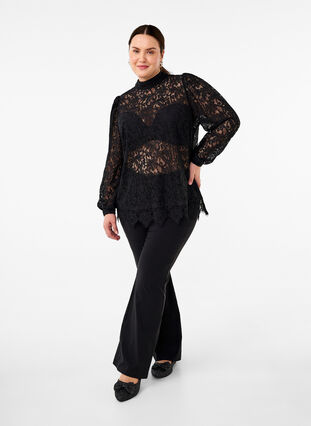 Zizzi Kanten blouse met strikdetail, Black, Model image number 2