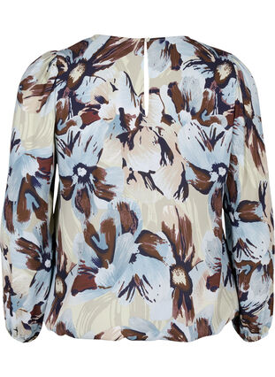 Zizzi Blouse met lange mouwen, print en knoop, Grey Flower AOP, Packshot image number 1