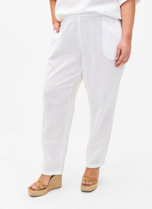 Zizzi Effen katoenen broek met linnen, Bright White, Model image number 2