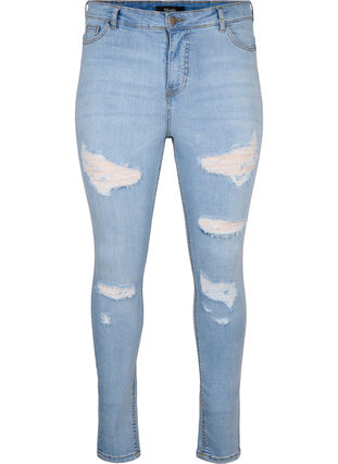 Zizzi Slim fit jeans met slijtagedetails, Light Blue, Packshot image number 0