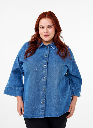 Zizzi Denim shirt met strassteentjes en driekwartmouwen, Bl. Denim Rhinestone, Model image number 0