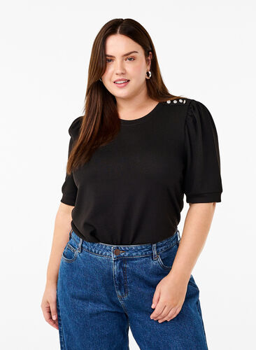 Zizzi Blouse met knoopdetail en korte pofmouwen, Black, Model image number 0