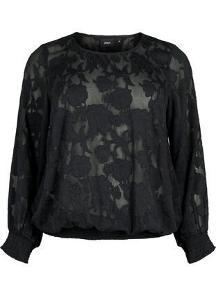 Zizzi Jacquard blouse met smokwerk, Black, Packshot image number 0