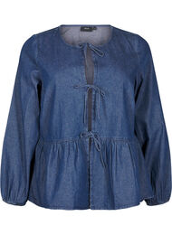 Peplum blouse van denim met striksluiting, Dark Blue Denim