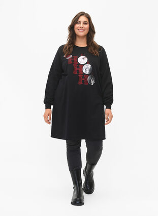 Zizzi Kerst sweaterjurk, Black HO HO HO, Model image number 2