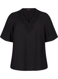 Blouse van viscose met v-hals en borduursel, Black