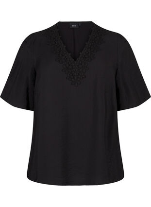 Zizzi Blouse van viscose met v-hals en borduursel, Black, Packshot image number 0