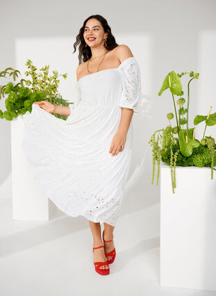 Zizzi Maxi jurk met kant patroon en een vierkante halslijn, Bright White, Image image number 0