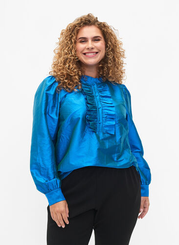 Zizzi Glanzende shirtblouse met ruches, Diva Blue, Model image number 0