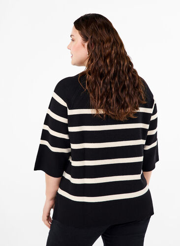 Zizzi Gebreide blouse met 3/4 mouwen en strepen, Black Birch Stripes, Model image number 1