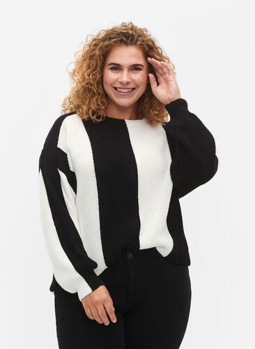 Zizzi Gestreepte Colorblock trui, Black w. Cloud D., Model image number 0