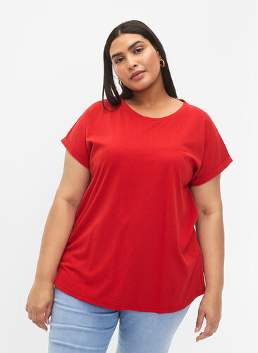 Zizzi T-shirt met korte mouwen van katoenmix, Tango Red, Model image number 0