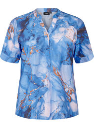 Viscose blouse met marmerprint en korte mouwen, Palace Blue AOP