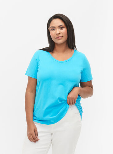 Zizzi Basic t-shirt in effen kleur met katoen, Blue Atoll, Model image number 0