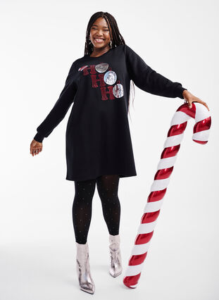 Zizzi Kerst sweaterjurk, Black HO HO HO, Image image number 0