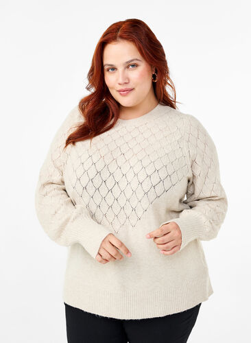 Zizzi Gebreide blouse met kantpatroon, Pumice Stone Mel., Model image number 0