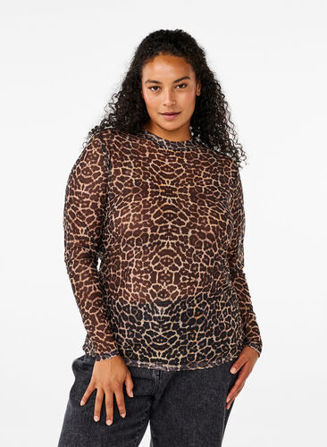 Zizzi Mesh blouse met luipaardpatroon, LEO AOP, Model image number 0