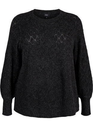 Zizzi Gebreide blouse met kantpatroon, Dark Grey Melange, Packshot image number 0