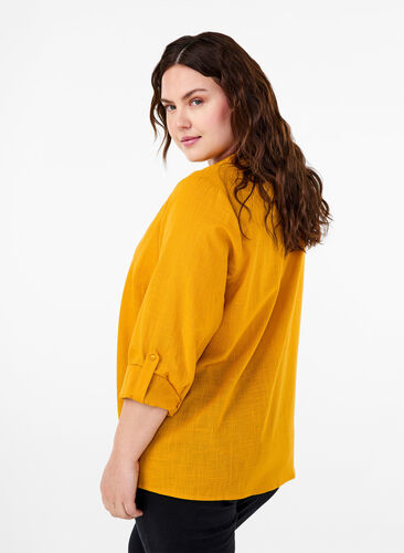 Zizzi Katoenen overhemdblouse met V-hals, Golden Yellow, Model image number 1