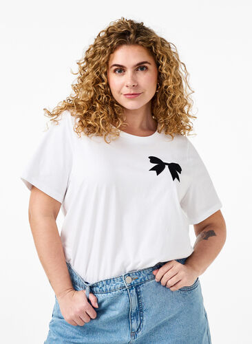 Zizzi Katoenen T-shirt met strik, Bright Wh. W. Black , Model image number 0