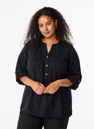 Zizzi Katoenen blouse met broderie anglaise en 3/4 mouwen, Black, Model image number 0