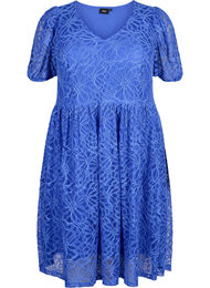 Kanten jurk met korte mouwen en V-hals, Dazzling Blue