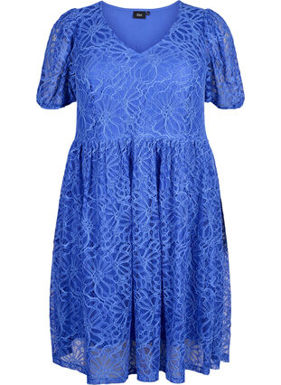 Zizzi Kanten jurk met korte mouwen en V-hals, Dazzling Blue, Packshot image number 0