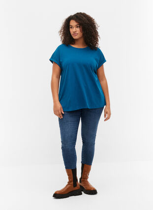 Zizzi T-shirt met korte mouwen van katoenmix, Petrol Blue, Model image number 2