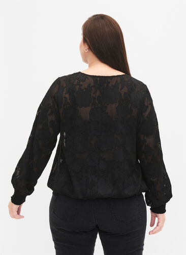 Zizzi Jacquard blouse met smokwerk, Black, Model image number 1