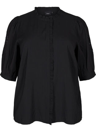 Zizzi Overhemdblouse met ruches en broderie anglaise, Black, Packshot image number 0