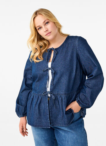 Zizzi Peplum blouse van denim met striksluiting, Dark Blue Denim, Model image number 0