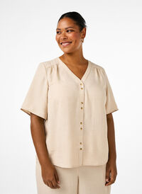 Overhemd blouse met V-hals en korte mouwen, Cement, Model