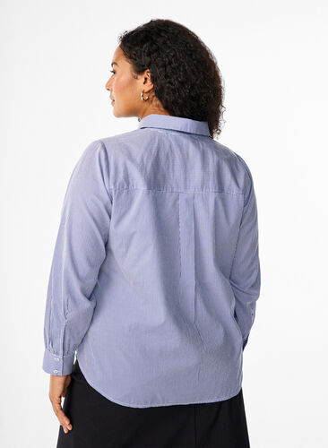 Zizzi Overhemd van biologisch katoen met kralenborduursel, Blue White Stripe, Model image number 1