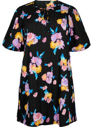 Jurk met korte pofmouwen en bloemenprint, Black w. flower AOP