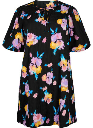 Zizzi Jurk met korte pofmouwen en bloemenprint, Black w. flower AOP, Packshot image number 0