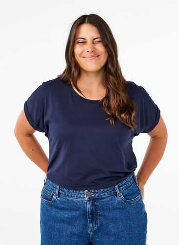 Zizzi T-shirt met korte mouwen van katoenmix, Navy Blazer, Model image number 0