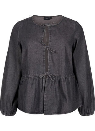 Zizzi Peplum blouse van denim met striksluiting, Dark Grey Denim, Packshot image number 0