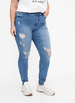 Zizzi Amy jeans met super slim fit en ripped details, Blue denim, Model image number 2