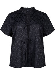 Jacquard blouse met korte mouwen en strikjes, Black