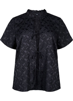 Zizzi Jacquard blouse met korte mouwen en strikjes, Black, Packshot image number 0