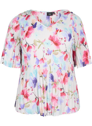 Zizzi Gebloemde blouse met plooien, White/MultiFlowerAOP, Packshot image number 0