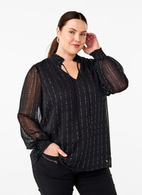 Gestreepte chiffon blouse met strikjes, Black, Model