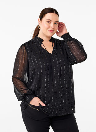 Zizzi Gestreepte chiffon blouse met strikjes, Black, Model image number 0