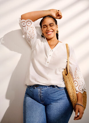 Zizzi Shirt blouse met broderie anglaise en 3/4-mouwen, Bright White, Image image number 0