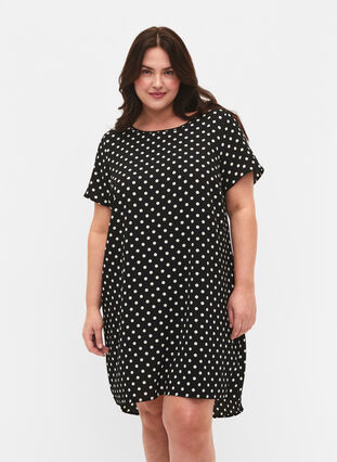 Zizzi Bedrukte jurk met korte mouwen, Black w. Dots, Model image number 0