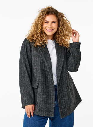 Zizzi Blazer van wolmix met zakken, Dark Grey Melange, Model image number 0