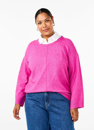 Zizzi Gebreide blouse met ronde hals en middennaad, Fuchsia Red Mel., Model image number 0