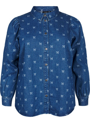 Zizzi Denim overhemd met strik, Denim Blue W. Wh.Bow, Packshot image number 0